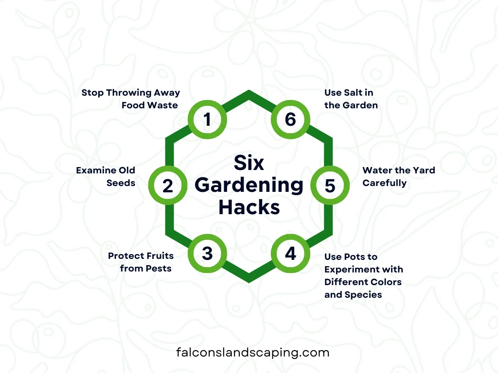 A diagram explaining six gardening hacks for beginners 