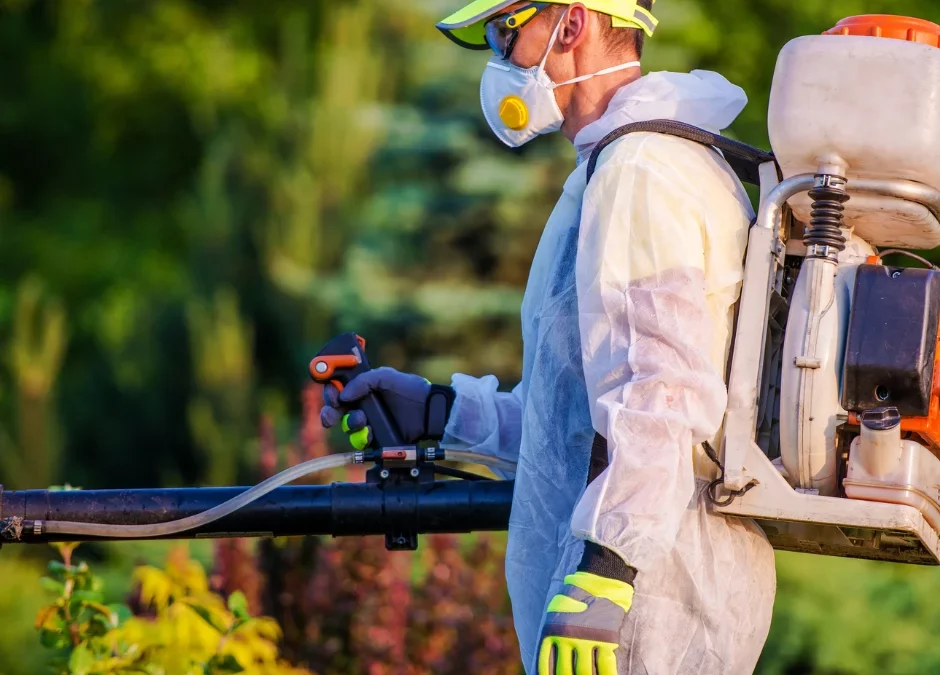 Man using pest control organic method in lawn