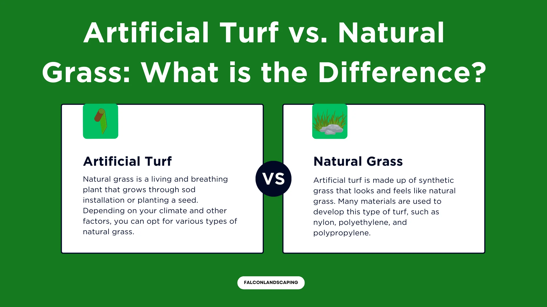 A comparison infographic explaining artificial turf vs. natural grass